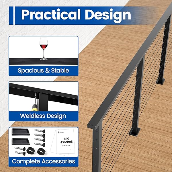 Muzata Muzata 66 Inch Aluminum Handrail Black Cable Railing Top Rail for Deck Stair Indoor Outdoor Use HL10 BPA - View 4 of 9