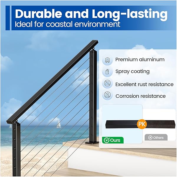 Muzata Muzata 66 Inch Aluminum Handrail Black Cable Railing Top Rail for Deck Stair Indoor Outdoor Use HL10 BPA - View 5 of 9