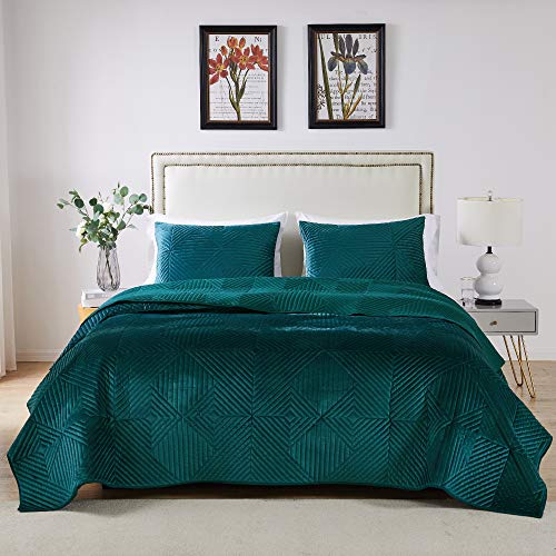 Greenland Home Fashions Greenland Home Riviera Velvet Quilt Set 3 Piece Full Queen Teal Finely Stitched Bedding Collection - View 4 of 9