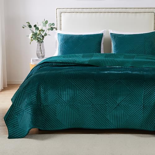 Greenland Home Fashions Greenland Home Riviera Velvet Quilt Set 3 Piece Full Queen Teal Finely Stitched Bedding Collection - View 2 of 9