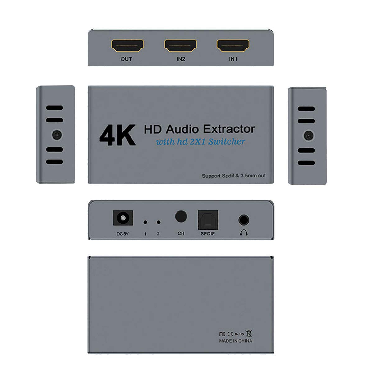 HDSUNWSTD HDMI Switch 2x1 Splitter 2 in 1 Out Converter with Audio Extractor for 4K30HZ 1080P Full HD Xbox360 PS4 Roku HDTV Apple TV - View 2 of 6