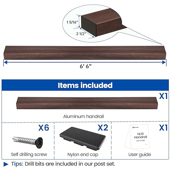 Muzata Muzata 66 Inch Aluminum Cable Railing Handrail Walnut Wood Grain Adjustable Top Rail for Indoor Outdoor Deck and Stair Systems - View 3 of 8
