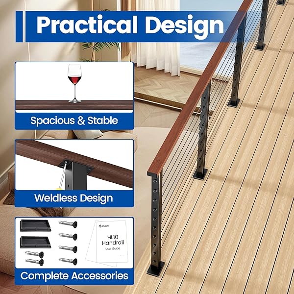 Muzata Muzata 66 Inch Aluminum Cable Railing Handrail Walnut Wood Grain Adjustable Top Rail for Indoor Outdoor Deck and Stair Systems - View 4 of 8