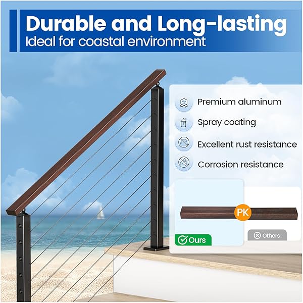 Muzata Muzata 66 Inch Aluminum Cable Railing Handrail Walnut Wood Grain Adjustable Top Rail for Indoor Outdoor Deck and Stair Systems - View 5 of 8