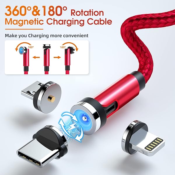Ankndo 5 Pack Magnetic Charging Cable 3 in 1 Rotating Charger with LED Light Nylon Braided Cord for Micro USB USB C and iProduct Devices - View 3 of 8