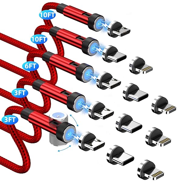 Ankndo 5 Pack Magnetic Charging Cable 3 in 1 Rotating Charger with LED Light Nylon Braided Cord for Micro USB USB C and iProduct Devices - View 2 of 8