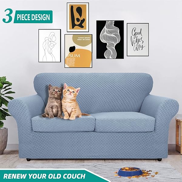 YEMYHOM YEMYHOM Checkered 3 Piece Couch Covers for 2 Cushion Sofa High Stretch Thickened Pet Protector Light Blue 55-69 Inches - View 3 of 8
