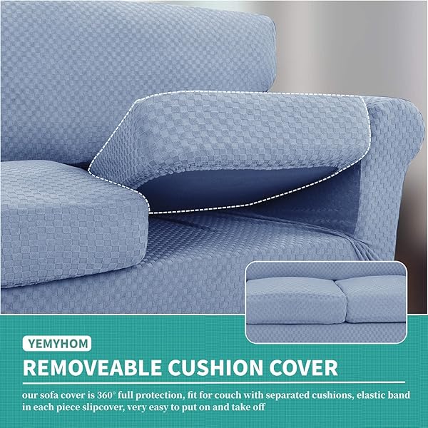 YEMYHOM YEMYHOM Checkered 3 Piece Couch Covers for 2 Cushion Sofa High Stretch Thickened Pet Protector Light Blue 55-69 Inches - View 5 of 8