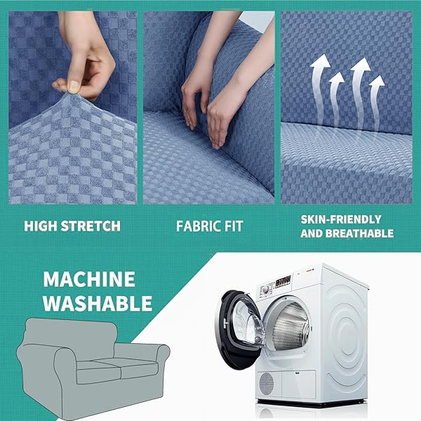 YEMYHOM YEMYHOM Checkered 3 Piece Couch Covers for 2 Cushion Sofa High Stretch Thickened Pet Protector Light Blue 55-69 Inches - View 6 of 8