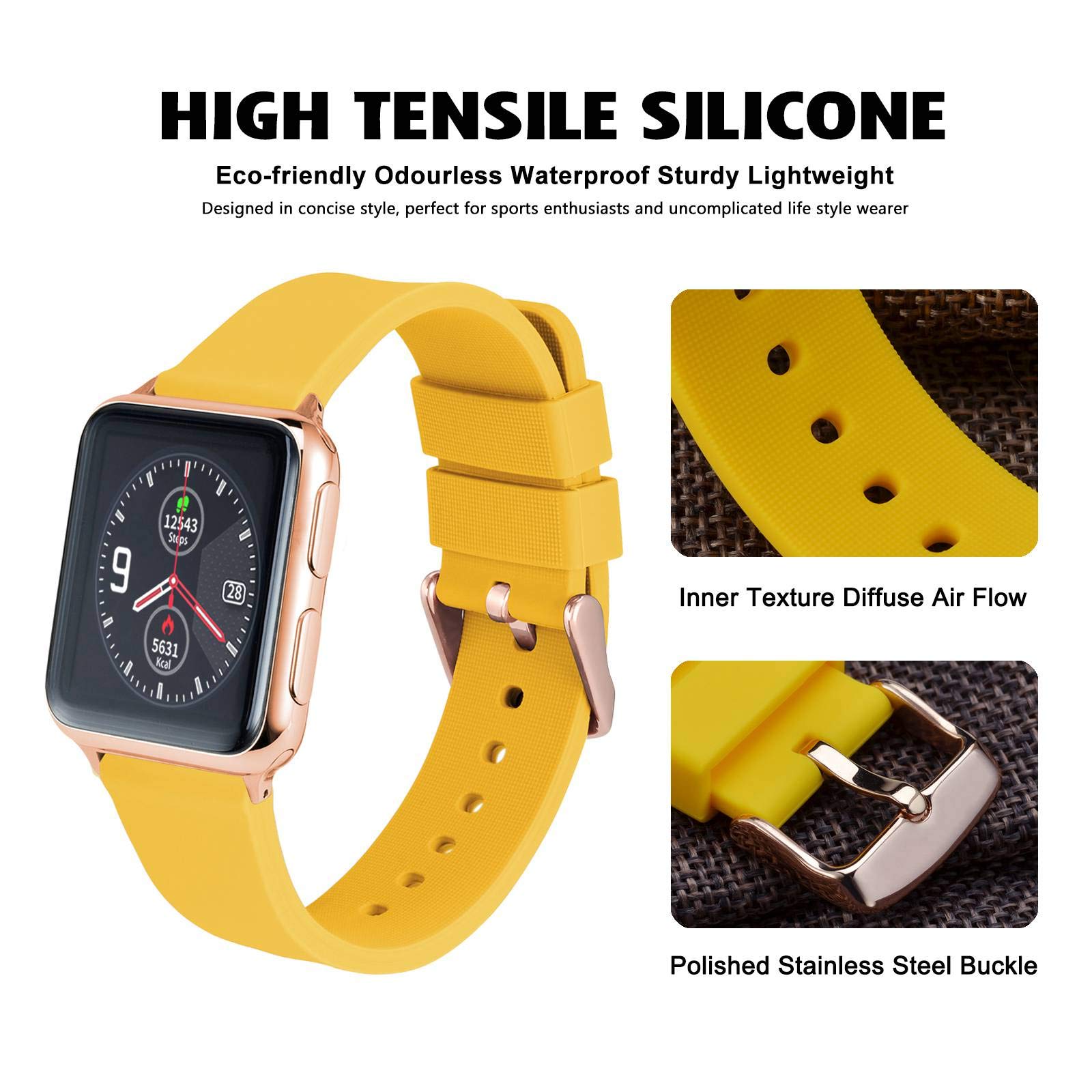 WOCCI 22mm Silicone Watch Band Soft Rubber Replacement Strap with Rose Gold Buckle Quick Release Yellow - View 2 of 8