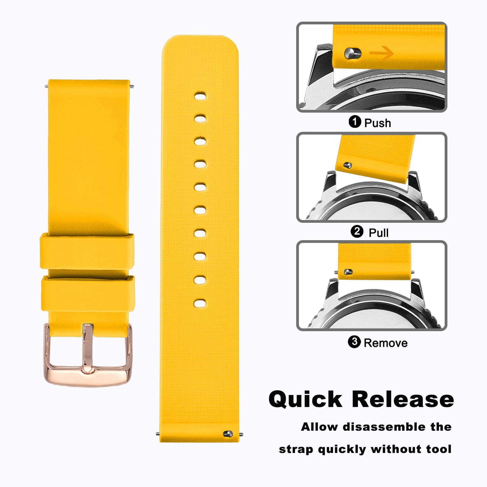 WOCCI 22mm Silicone Watch Band Soft Rubber Replacement Strap with Rose Gold Buckle Quick Release Yellow - View 3 of 8