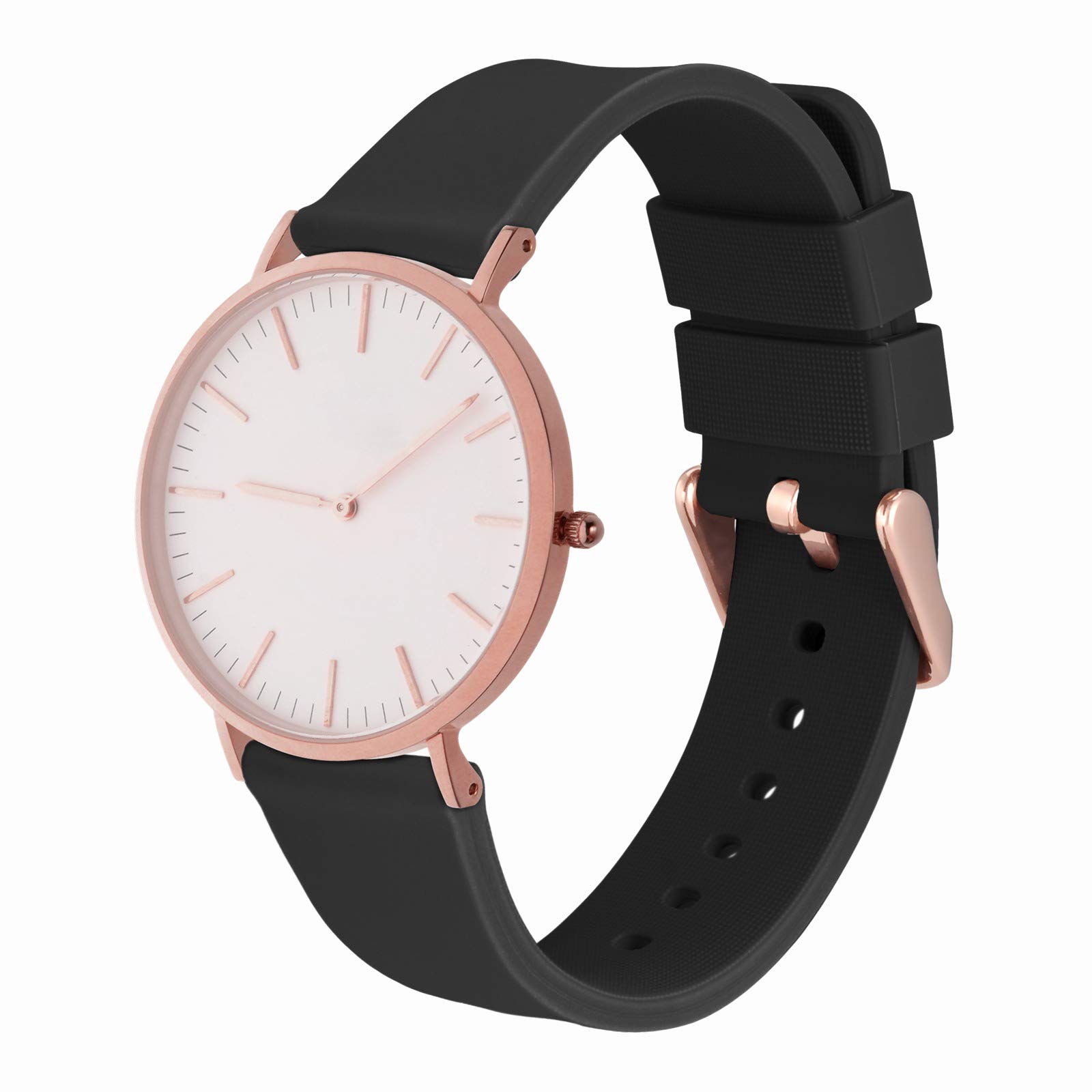WOCCI 18mm Silicone Watch Band Black Soft Rubber Replacement Strap with Rose Gold Buckle Quick Release - View 8 of 8