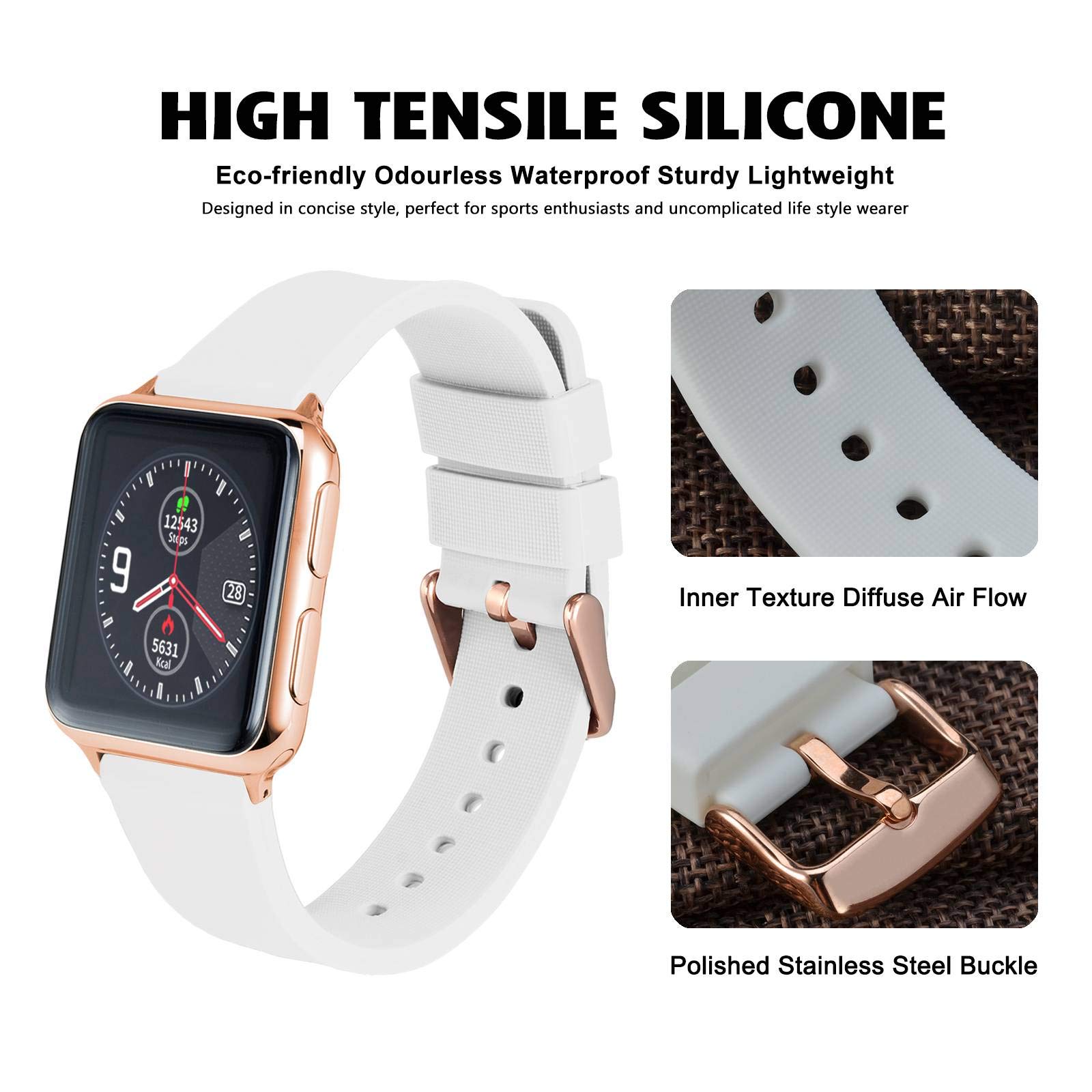 WOCCI 14mm Silicone Watch Band White with Rose Gold Buckle Soft Rubber Replacement Straps Quick Release - View 2 of 8