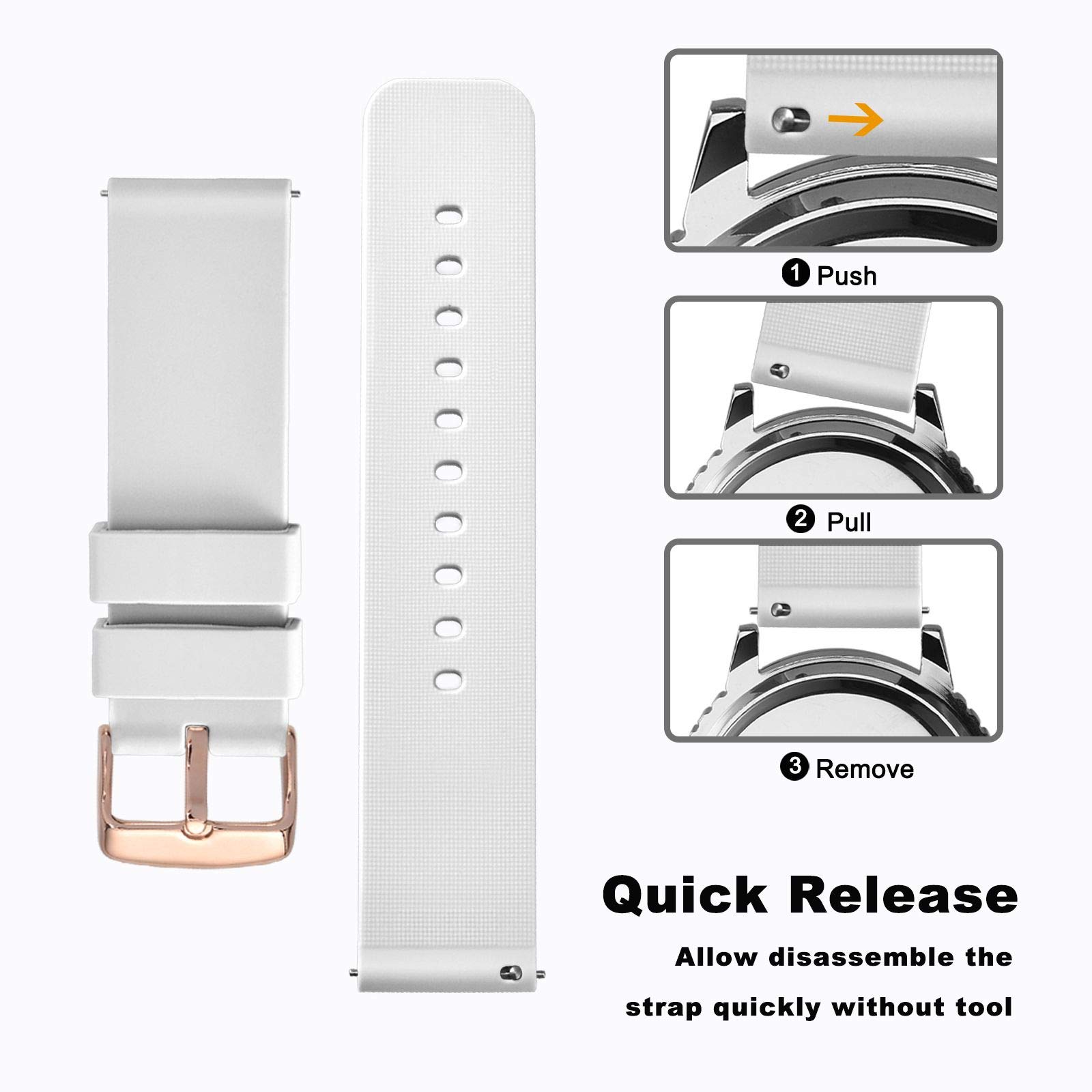 WOCCI 14mm Silicone Watch Band White with Rose Gold Buckle Soft Rubber Replacement Straps Quick Release - View 3 of 8