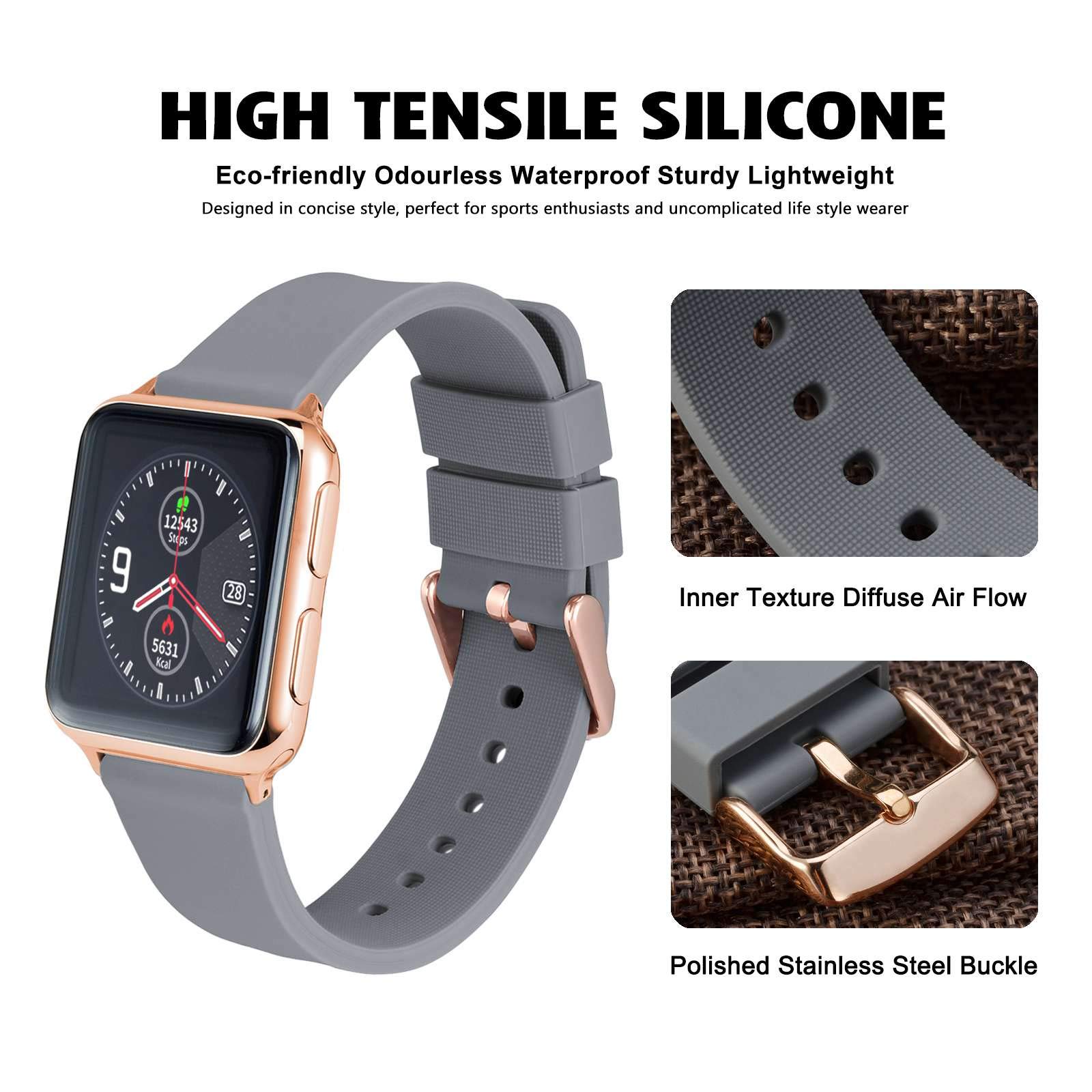 WOCCI 22mm Silicone Watch Band Black Soft Rubber Replacement Strap with Rose Gold Buckle Quick Release - View 2 of 8