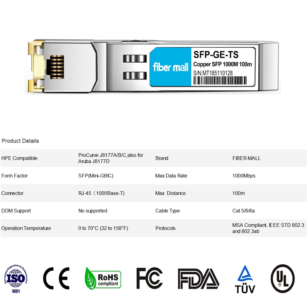 SFP to RJ45 Transceiver Module Pack of 4 for HPE Procurve J8177C J8177B Aruba J8177D JL747A 1000BASE-T Copper 100m - View 2 of 7