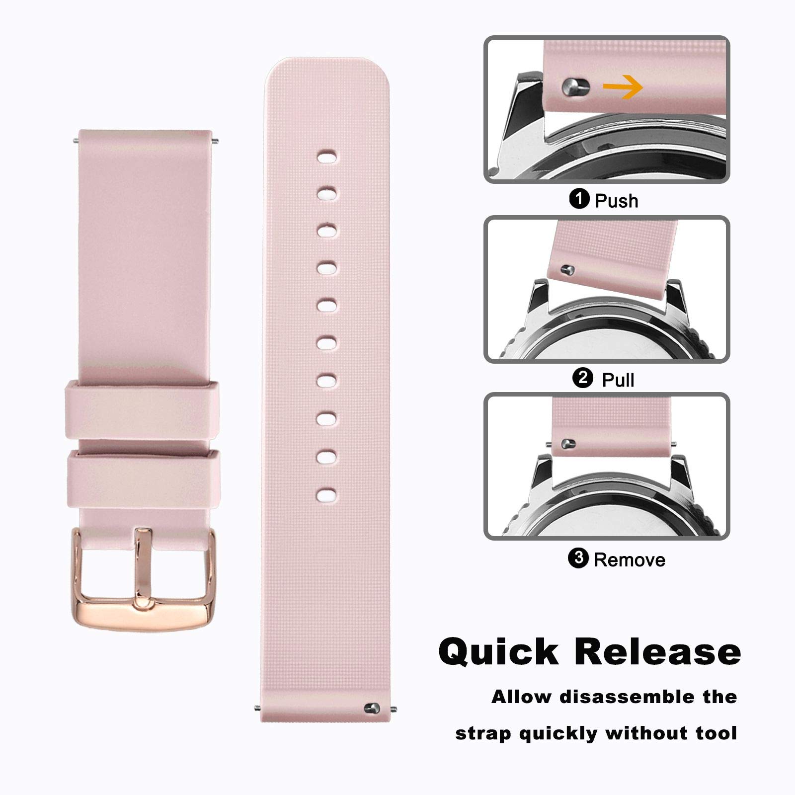 WOCCI 20mm Silicone Watch Band Pink with Rose Gold Buckle Soft Rubber Replacement Straps Quick Release - View 3 of 8