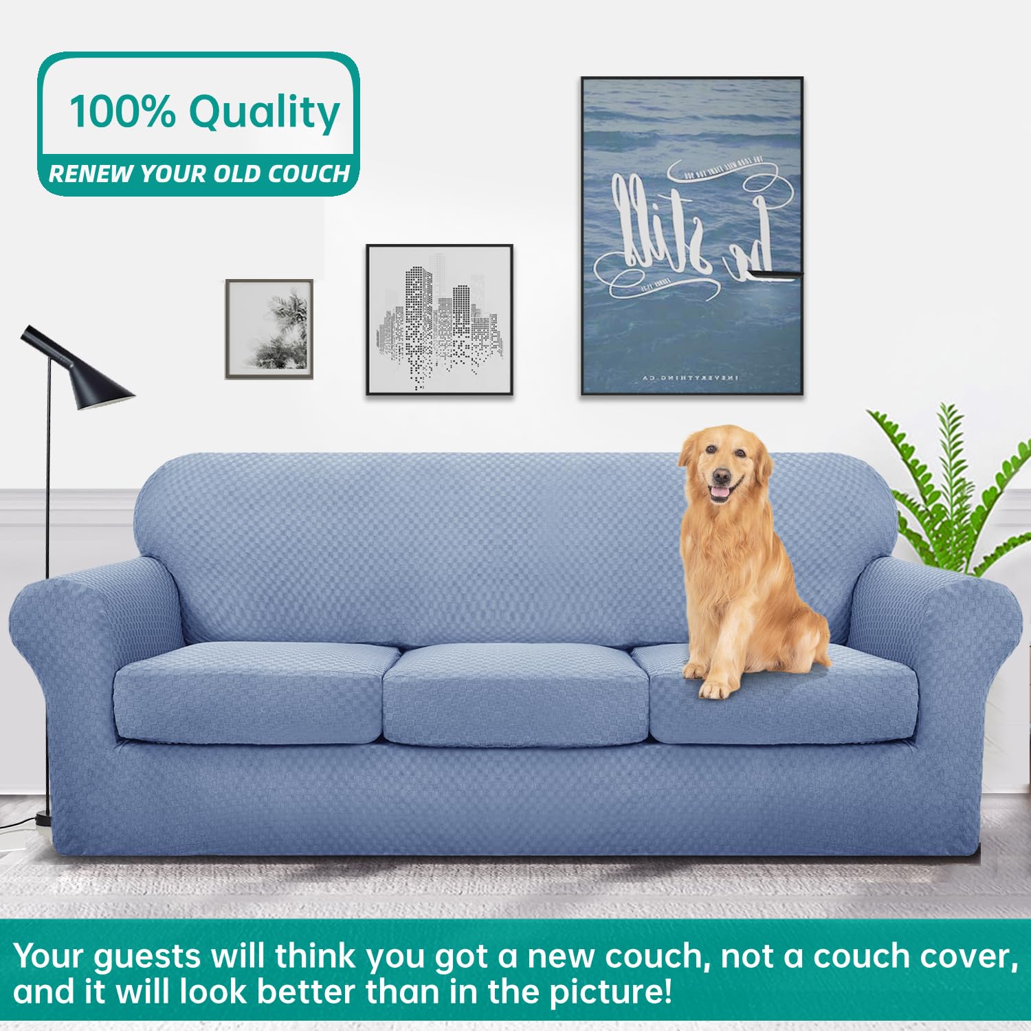 YEMYHOM Checkered 4 Piece Couch Covers for 3 Cushion Sofa High Stretch Thickened Elastic Slipcovers Light Blue Furniture Protector - View 2 of 7