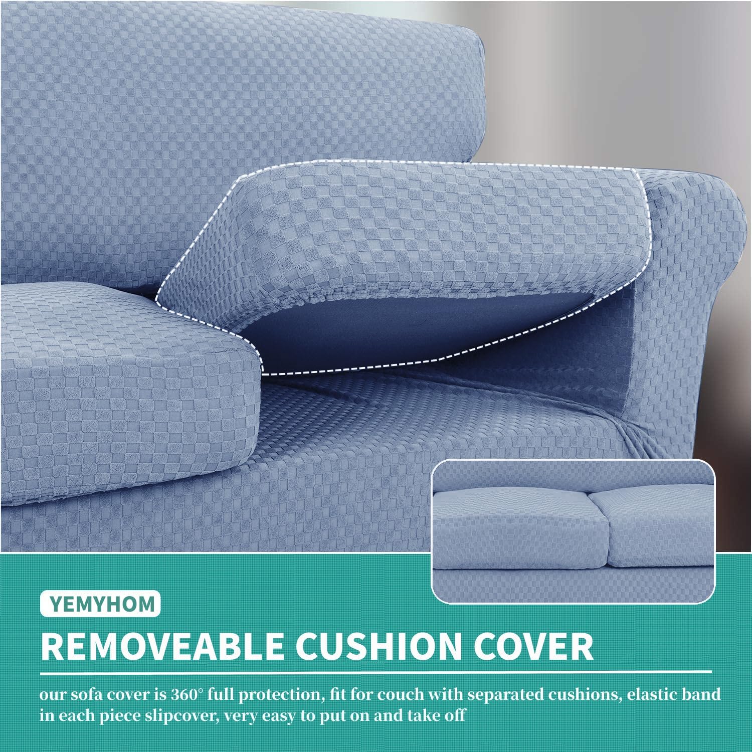 YEMYHOM Checkered 4 Piece Couch Covers for 3 Cushion Sofa High Stretch Thickened Elastic Slipcovers Light Blue Furniture Protector - View 4 of 7