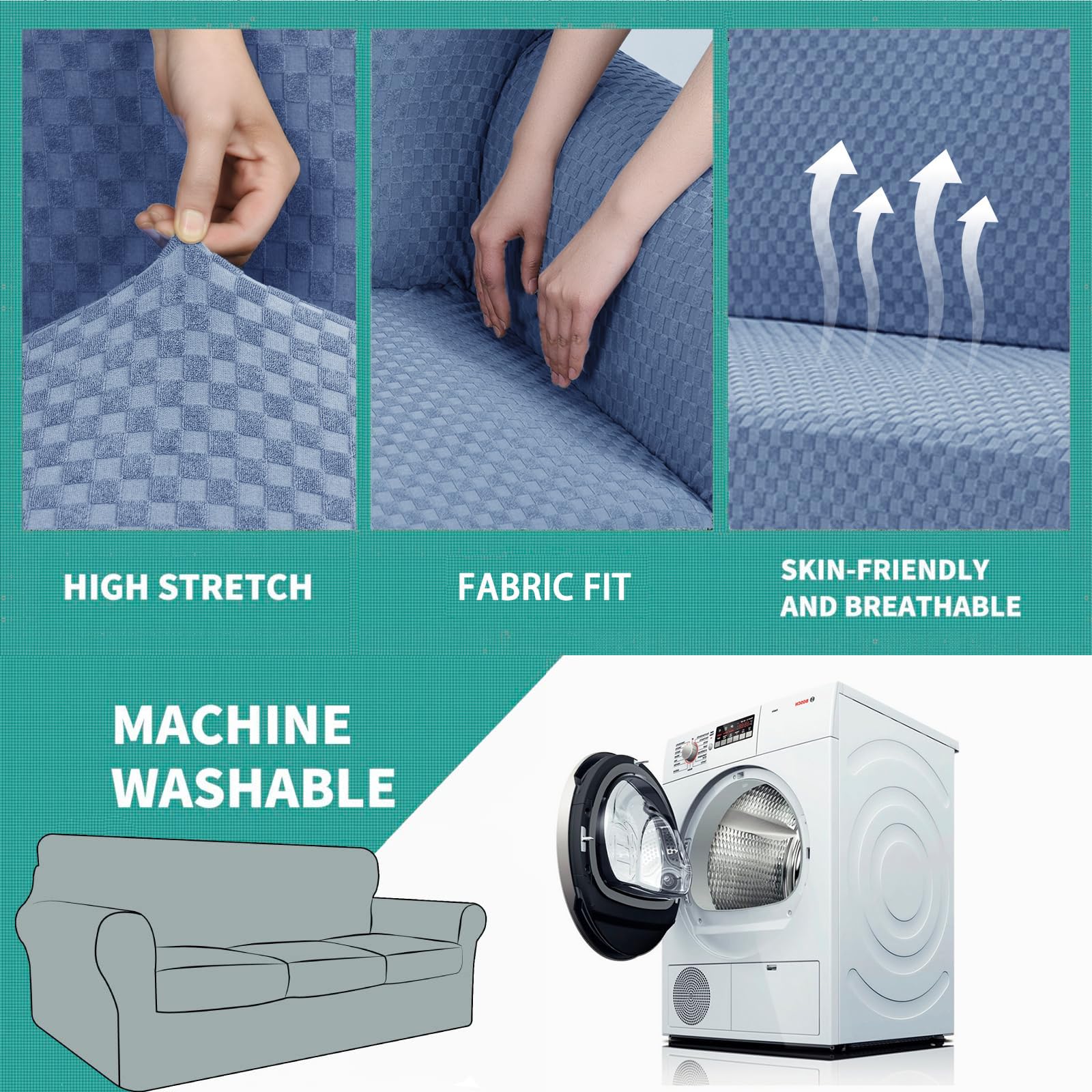 YEMYHOM Checkered 4 Piece Couch Covers for 3 Cushion Sofa High Stretch Thickened Elastic Slipcovers Light Blue Furniture Protector - View 5 of 7