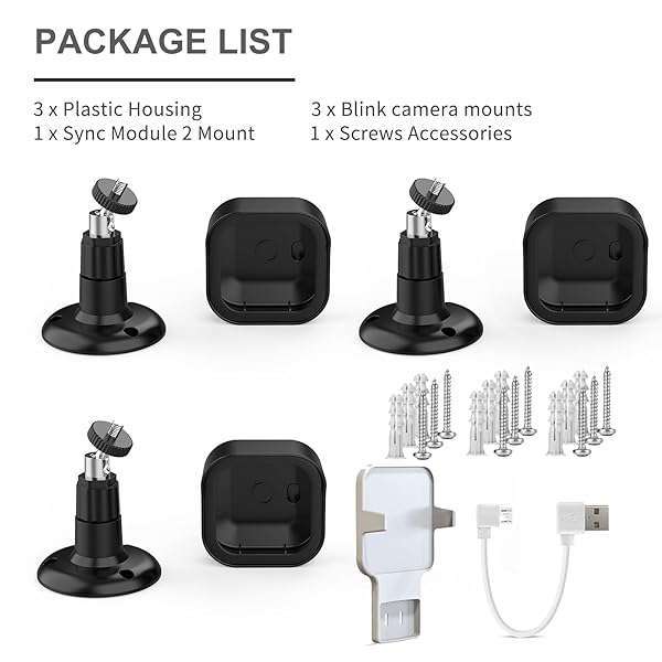 Pefecon All-New Blink Outdoor Camera Housing and Mounting Bracket (4th Gen and 3rd Gen), 3 Pack Protective Cover and 360 Degrees Adjustable Mount with Sync Module 2 Outlet Mount (Black) - View 10 of 11