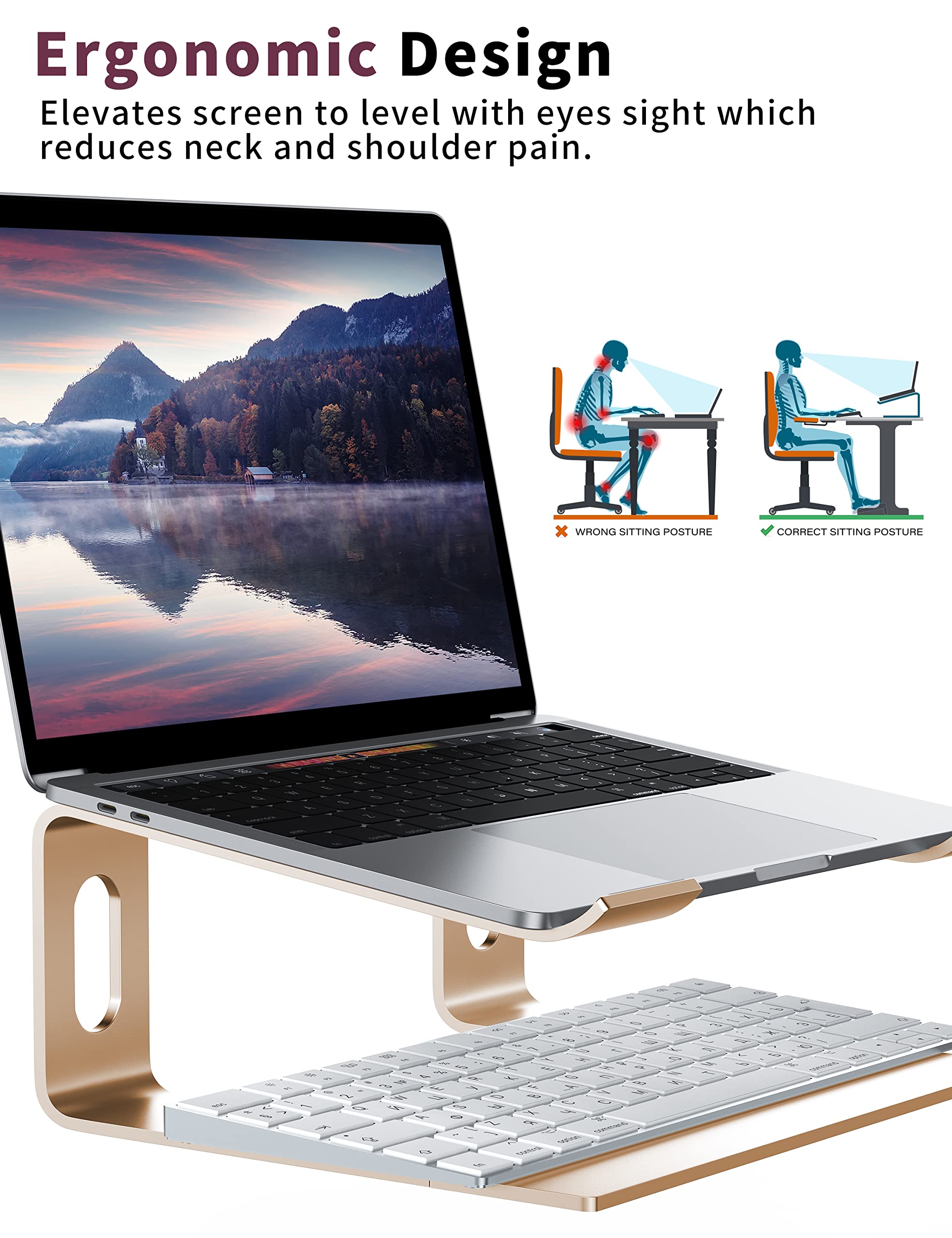 ALASHI ALASHI Laptop Stand for Desk Aluminum Computer Riser Ergonomic Notebook Holder Detachable Metal Elevator for 10 to 15.6 Inches Gold - View 3 of 7