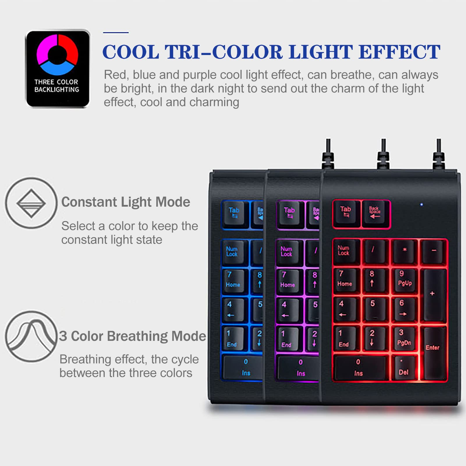 Thincol Thincol One-Handed Mechanical Feel Gaming Keyboard USB Tricolor Backlit 19 Keys Plug and Play Black - View 2 of 9