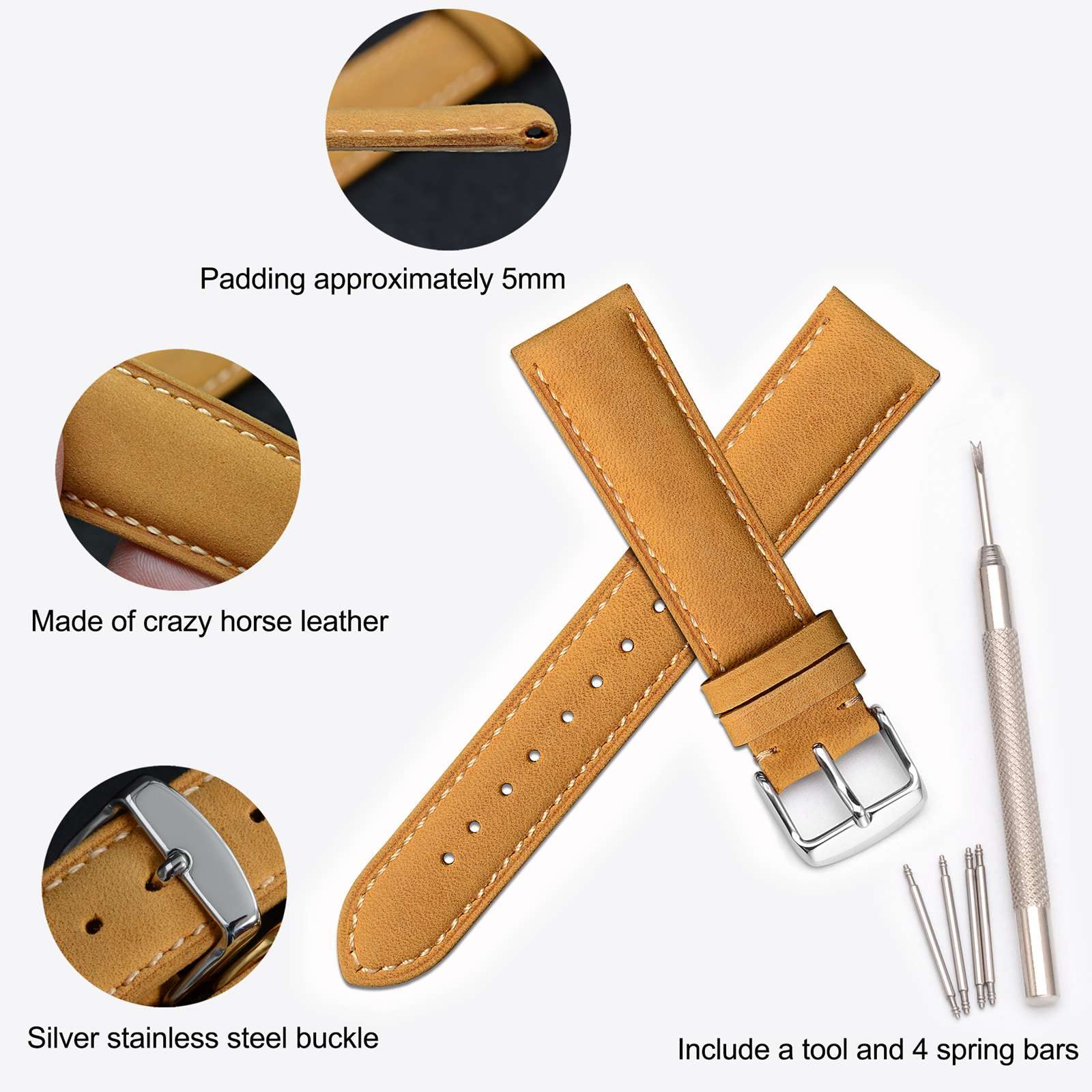 WOCCI 16mm Vintage Leather Watch Band for Men and Women with Silver Buckle in Tan Color - View 4 of 9