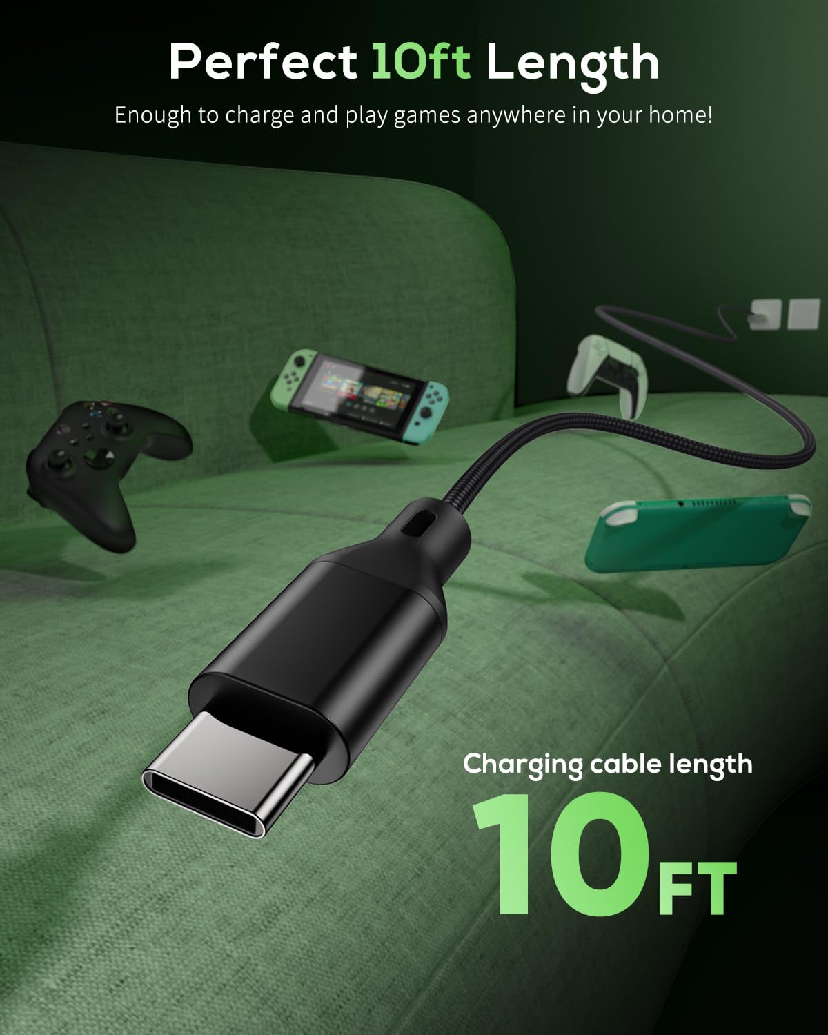 MENEEA 10FT Charger Cable for PS5 Xbox Series X/S Nintendo Switch Nylon Braided USB C Cord 2 Pack Replacement for Controllers - View 4 of 7