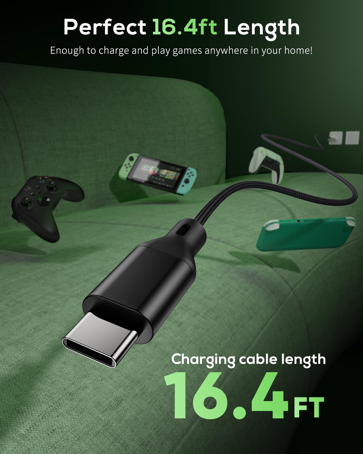 MENEEA 16.4FT Nylon Braided Charger Cable for PS5 Xbox Series X Switch Pro USB Type-C Accessories Black - View 2 of 7