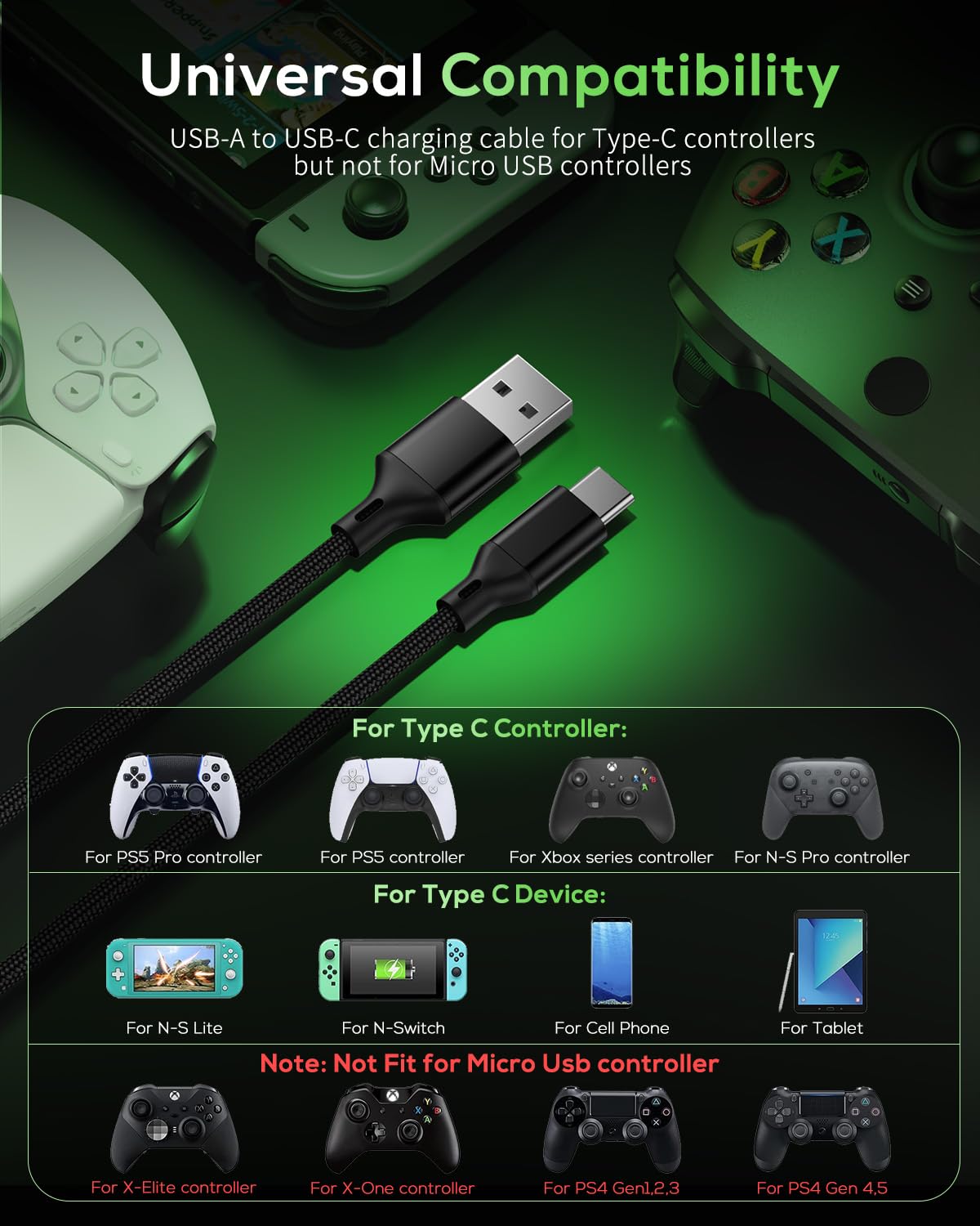 MENEEA 16.4FT Nylon Braided Charger Cable for PS5 Xbox Series X Switch Pro USB Type-C Accessories Black - View 3 of 7