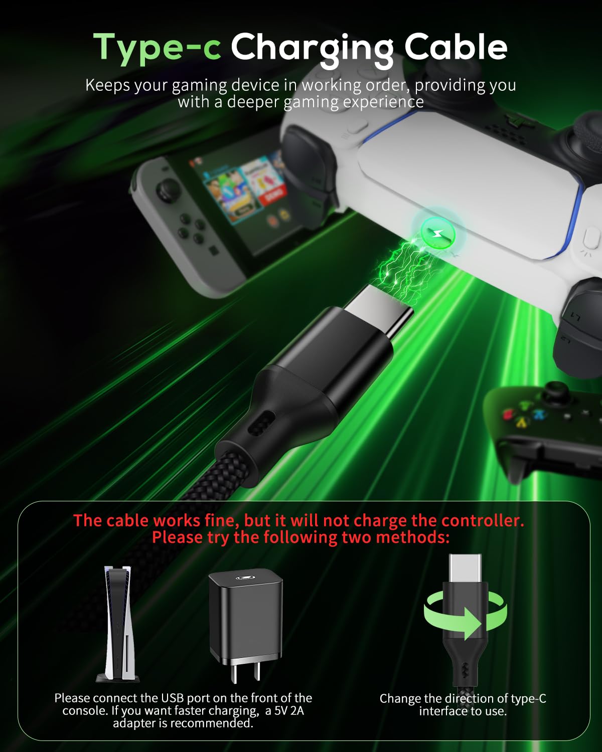 MENEEA 16.4FT Nylon Braided Charger Cable for PS5 Xbox Series X Switch Pro USB Type-C Accessories Black - View 5 of 7