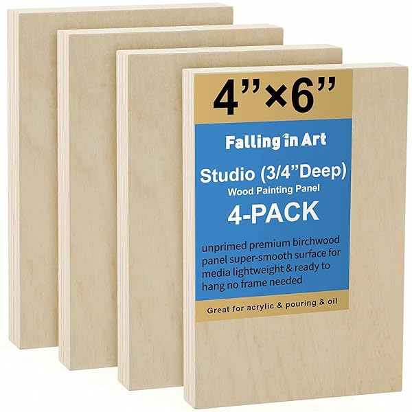 "Unfinished Birch Wood Panels Kit - 4 Pack 4x6" Cradle Boards for Painting, Crafts & Pouring"