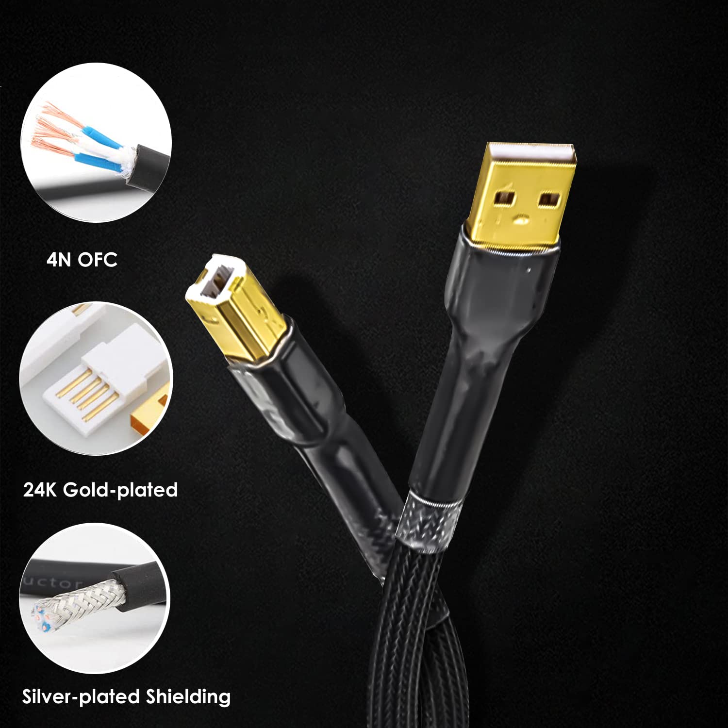Viborg HiFi USB Cable 4N OFC USB2.0 A-Male to B-Male Digital Audio DAC Professional Cord 1.6FT 0.5M - View 5 of 8