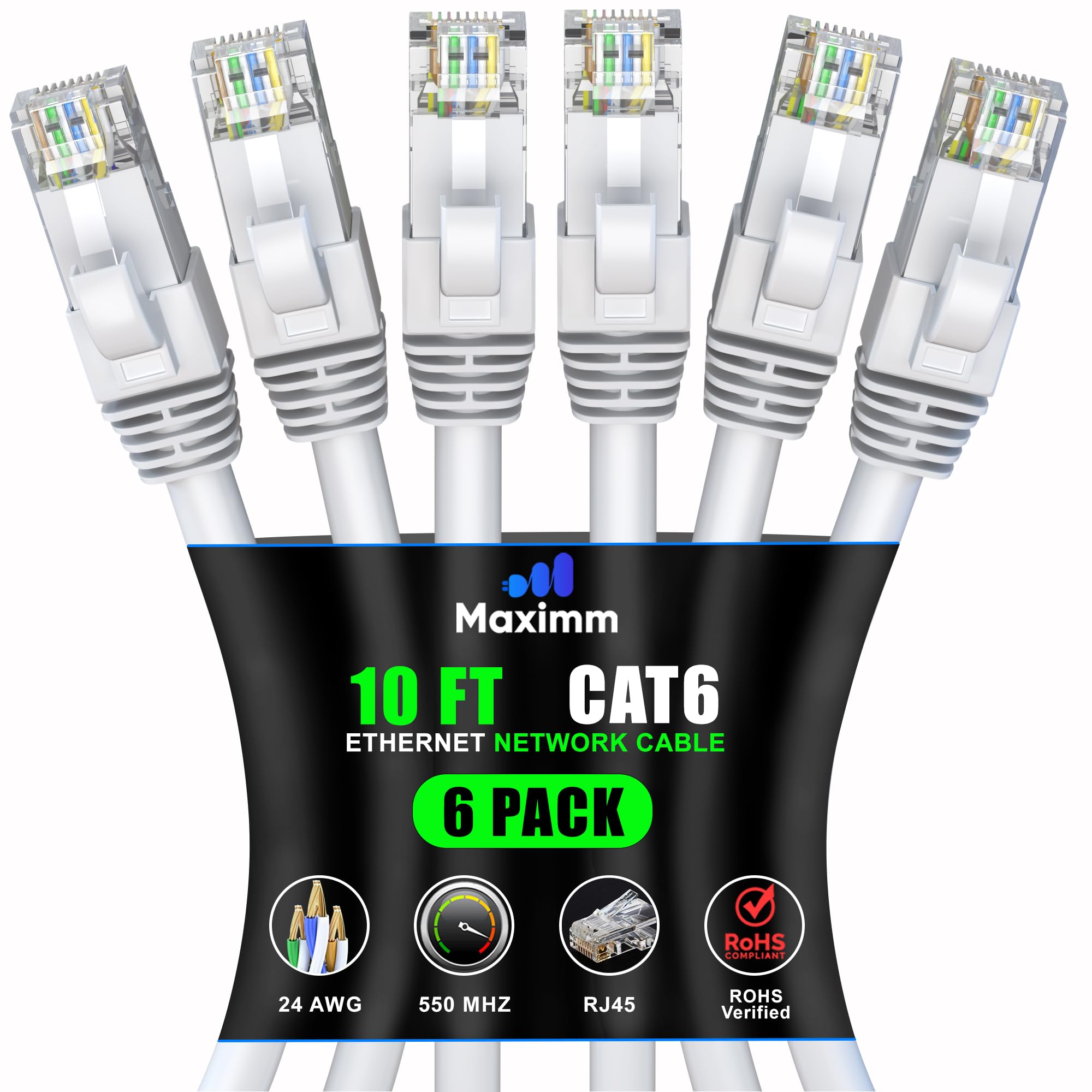 Maximm Cat 6 Ethernet Cable 10ft (6-Pack) - High-Speed 10Gbps LAN & Network Cable - UTP, 550MHz, White