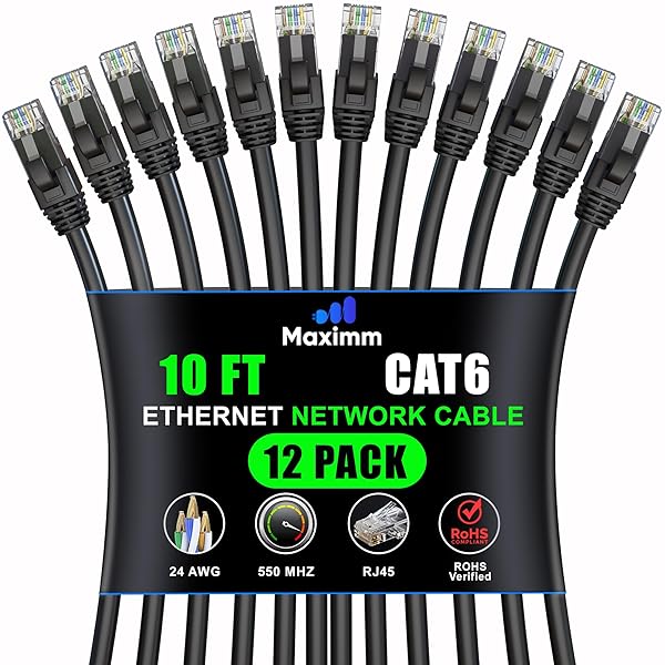 Maximm Cat 6 Ethernet Cable 10ft (12-Pack) - High-Speed 10Gbps LAN & Internet Patch Cables - UTP, 550MHz, Black