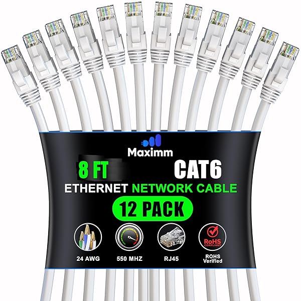 Maximm Cat 6 Ethernet Cable 8ft (12-Pack) - High-Speed 10Gbps LAN & Network Cables - UTP, 550MHz, White