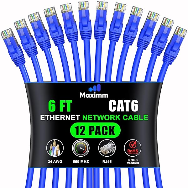 Maximm Cat 6 Ethernet Cable 6ft (12-Pack) - High-Speed 10Gbps LAN & Network Cables - UTP, 550MHz, Blue