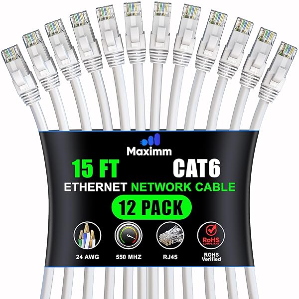 Maximm Cat 6 Ethernet Cable 15 ft (12-Pack) - High-Speed LAN Cable, Internet Cable, Patch Cable, and Network Cable - UTP, 10Gbps, 550MHz Ethernet Cord - White