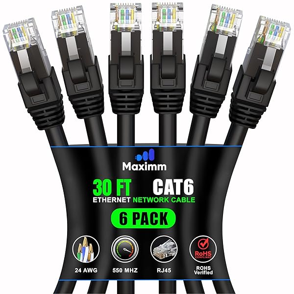 Maximm Maximm Cat 6 Ethernet Cable 30 ft (6-Pack) - High-Speed LAN Cable, Internet Cable, Patch Cable, and Network Cable - UTP, 10Gbps, 550MHz Ethernet Cord - Black - View 3 of 10