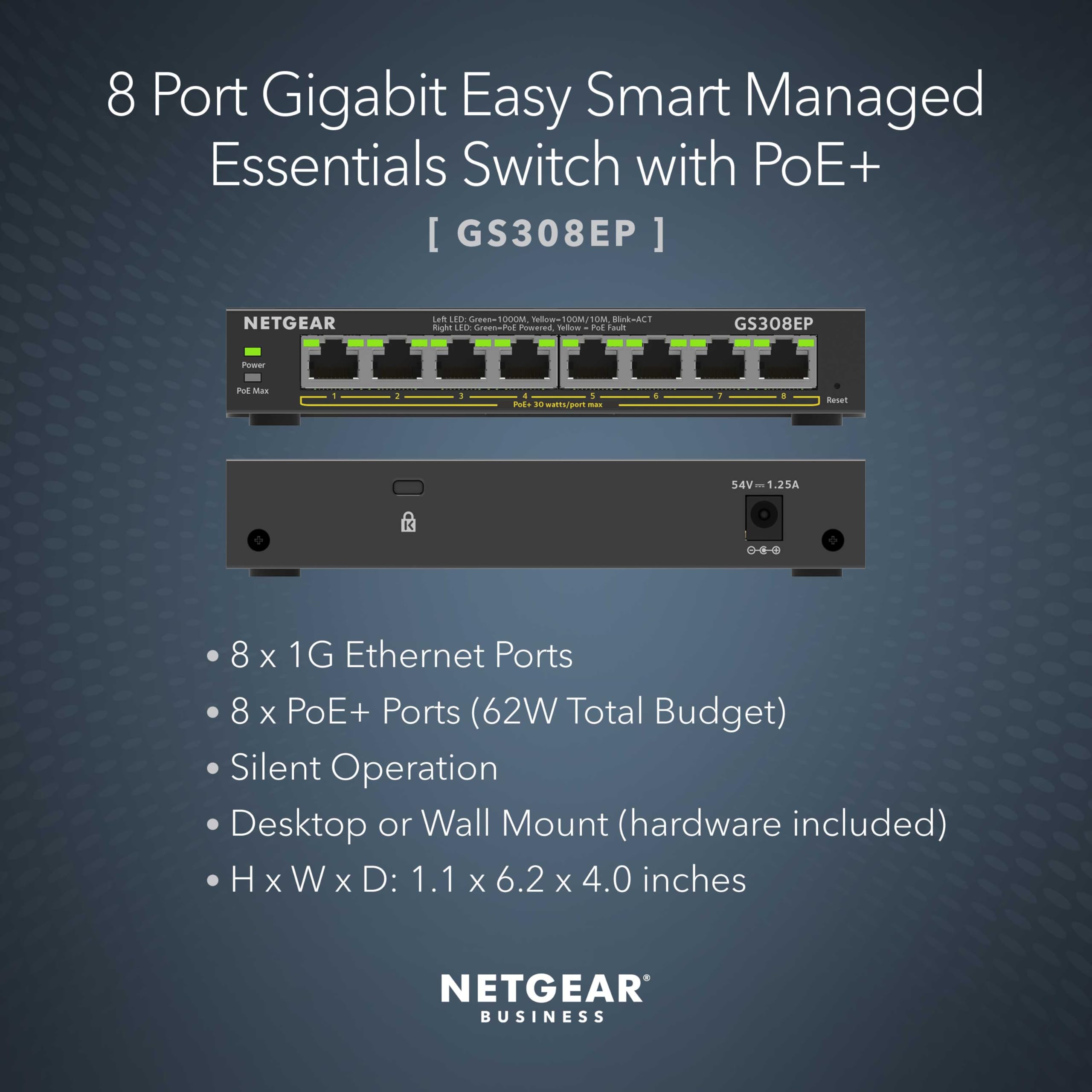 NETGEAR NETGEAR 8 Port PoE Gigabit Ethernet Easy Smart Managed Switch GS308EP 8 PoE+ Ports 62W Desktop Wall Mount - View 2 of 6