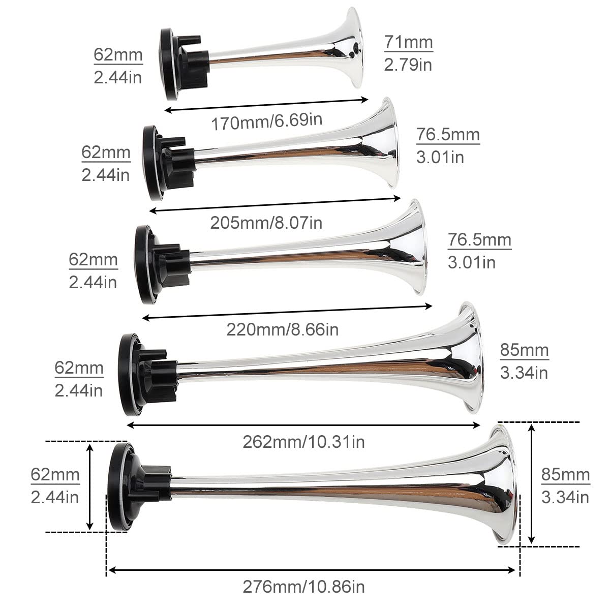 ePathChina 5pcs 12V 125dB Dixie Musical Sound Air Horn Kit Powerful Loud Trumpet with Compressor for 12V Vehicle Car Truck Boats Silver - View 3 of 9