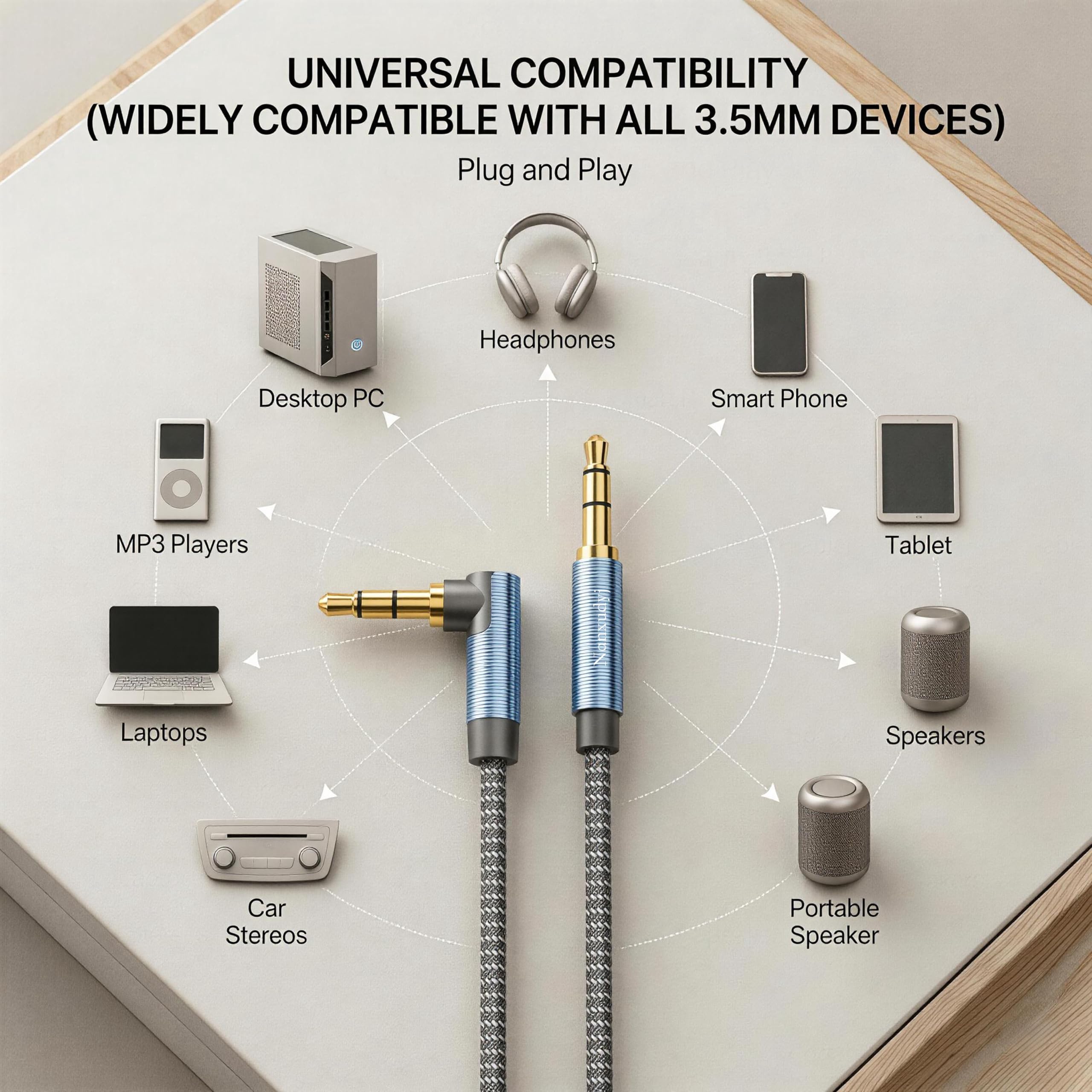 Nanxudyj 1ft AUX Cord 3.5mm Stereo Audio Cable Right Angle Male to Male Compatible with Car Headphones Tablets and Speakers - View 4 of 7