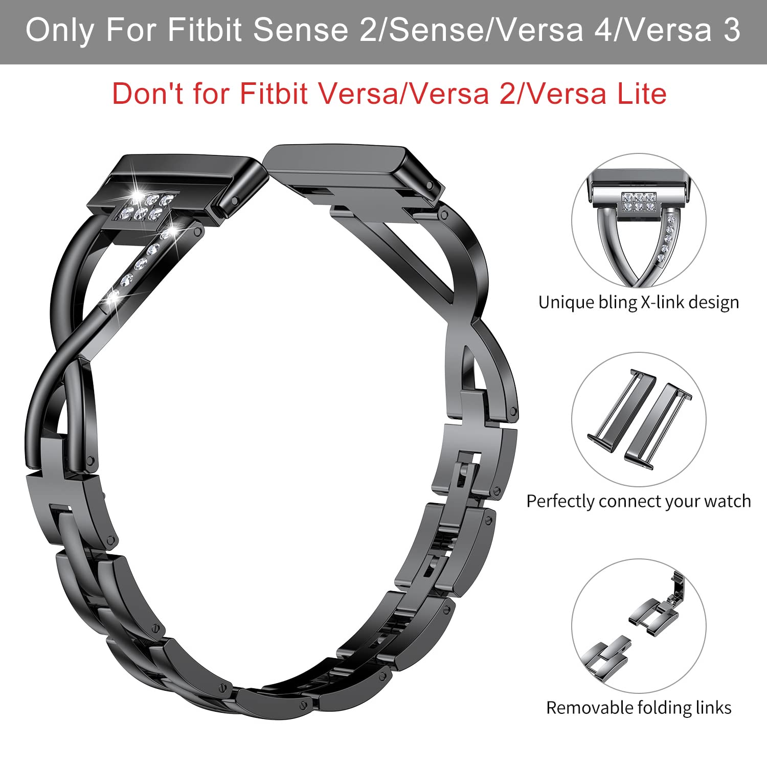 Wearlizer Metal Band for Fitbit Versa 4 3 Sense 2 Women Dressy Stainless Steel Rhinestone Link Bracelet Replacement Strap Black - View 2 of 7