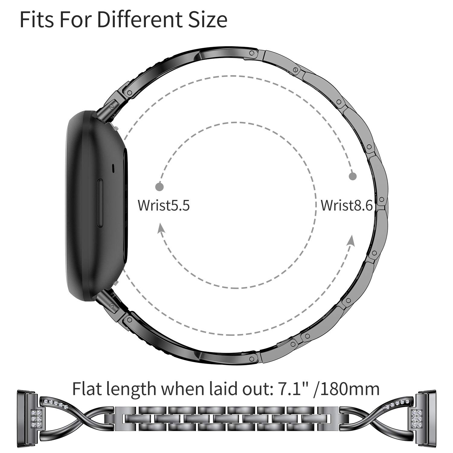 Wearlizer Metal Band for Fitbit Versa 4 3 Sense 2 Women Dressy Stainless Steel Rhinestone Link Bracelet Replacement Strap Black - View 3 of 7