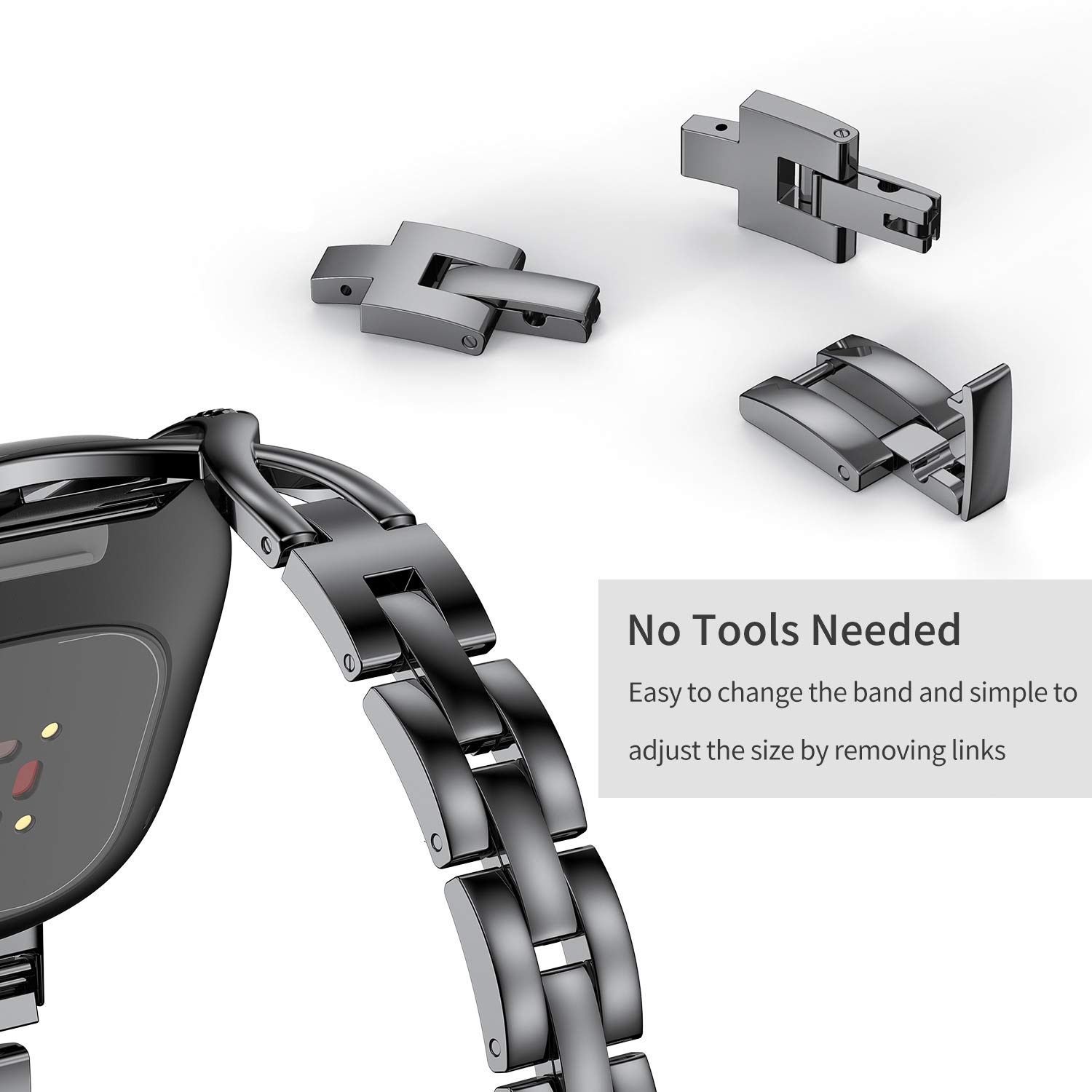 Wearlizer Metal Band for Fitbit Versa 4 3 Sense 2 Women Dressy Stainless Steel Rhinestone Link Bracelet Replacement Strap Black - View 4 of 7