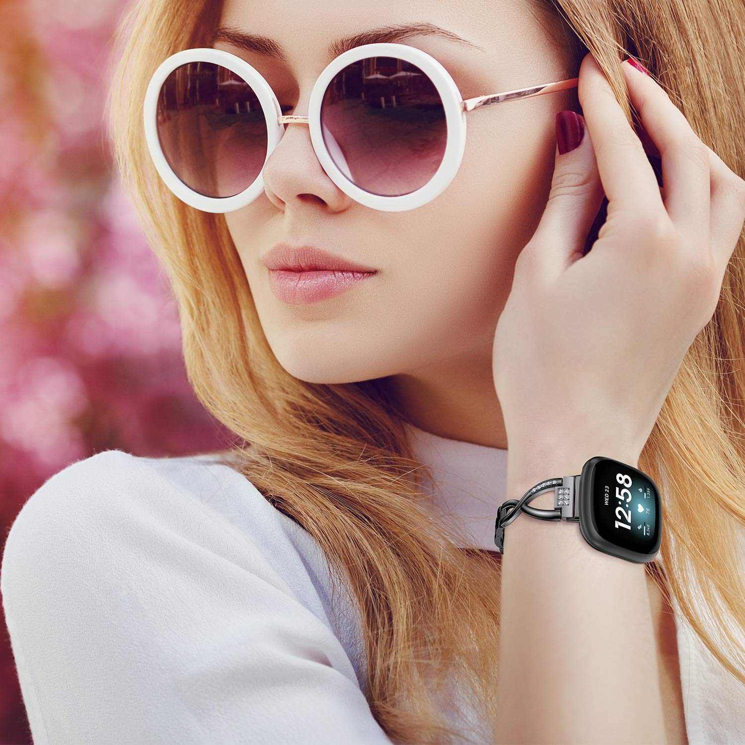 Wearlizer Metal Band for Fitbit Versa 4 3 Sense 2 Women Dressy Stainless Steel Rhinestone Link Bracelet Replacement Strap Black - View 5 of 7