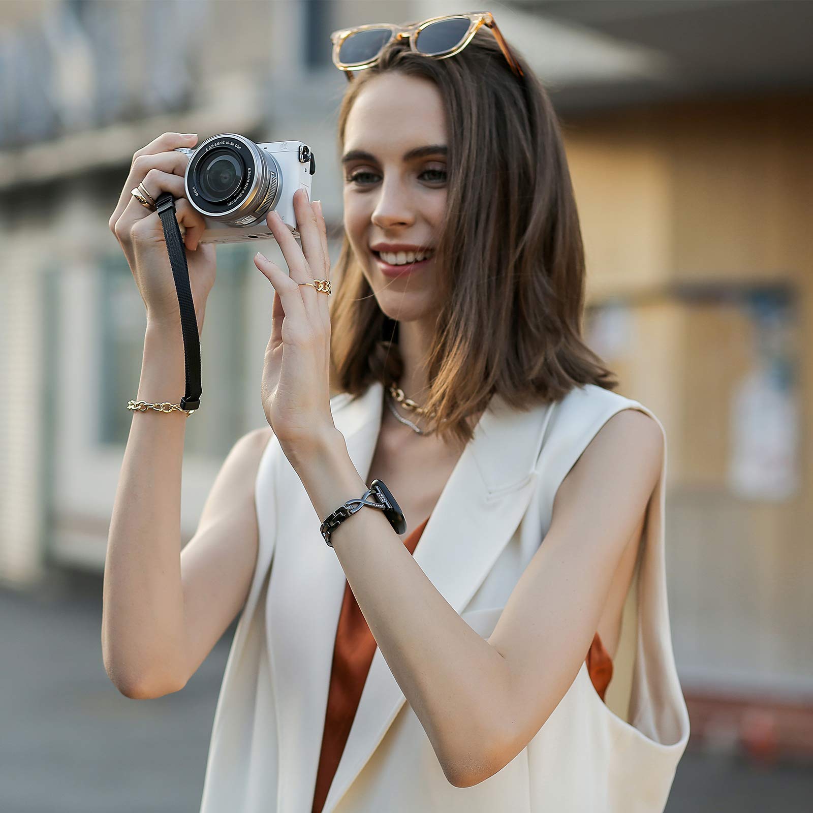 Wearlizer Metal Band for Fitbit Versa 4 3 Sense 2 Women Dressy Stainless Steel Rhinestone Link Bracelet Replacement Strap Black - View 6 of 7