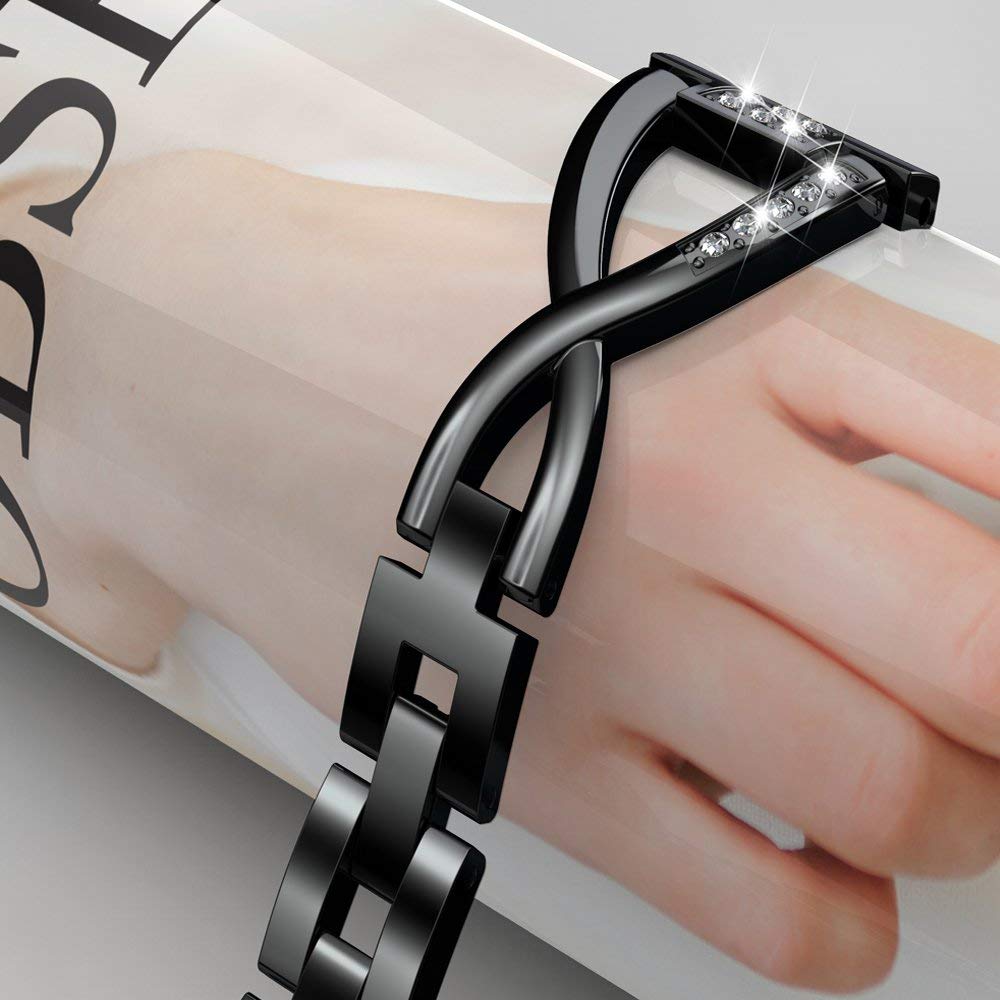 Wearlizer Metal Band for Fitbit Versa 4 3 Sense 2 Women Dressy Stainless Steel Rhinestone Link Bracelet Replacement Strap Black - View 7 of 7