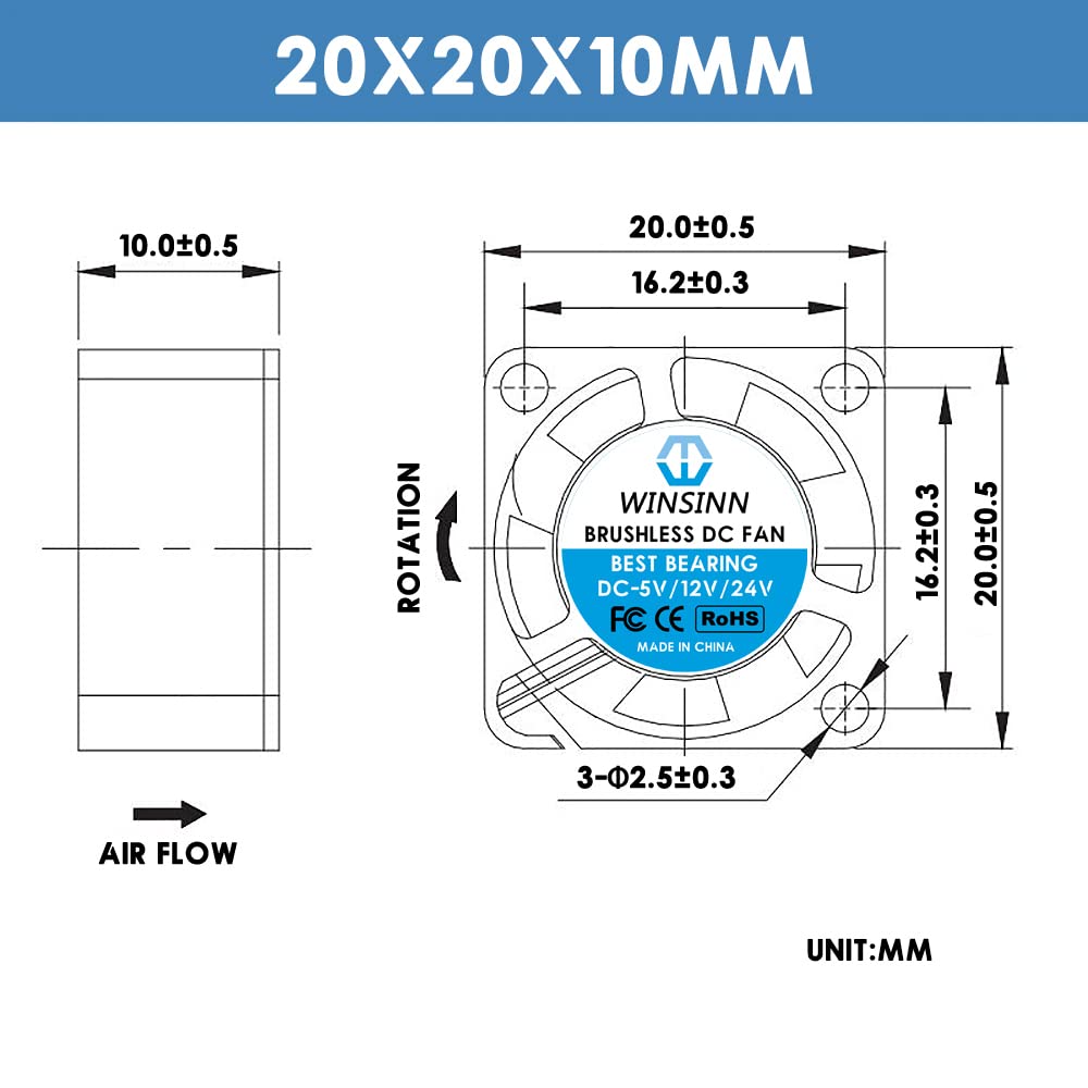 WINSINN WINSINN 20mm 5V Hydraulic Bearing Cooling Fan 12000 RPM for Raspberry Pi 3D Printer Small Server Gaming Consoles 2Pcs - View 2 of 5
